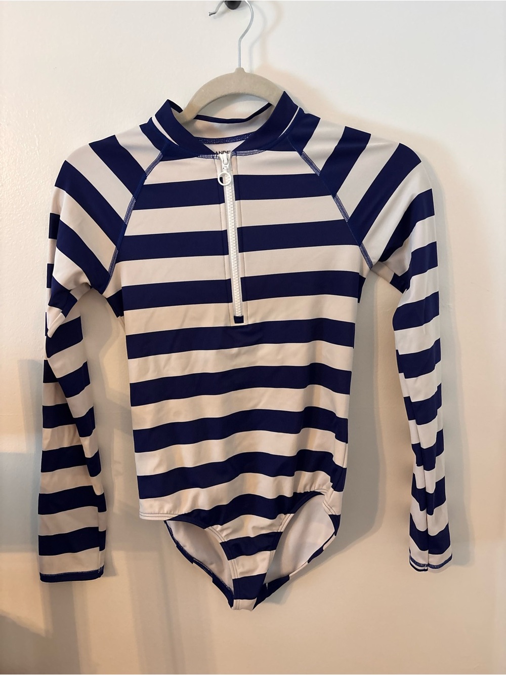 Lands' End Girls Navy and White Striped One piece swimsuit/rash guard